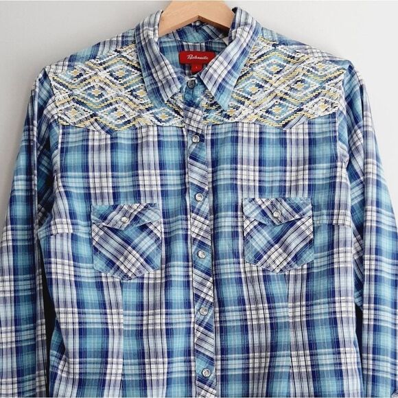 PANHANDLE | Embroidery Pearl Snap Button Down Western Shirt Blue Plaid L Flawed - Picture 2 of 16